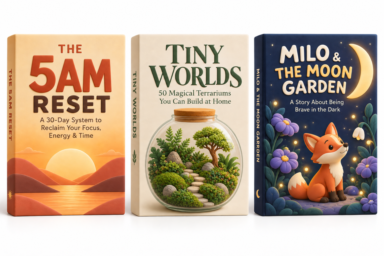 Three example yumo book covers: a morning reset guide, a terrarium workbook, and a children's story